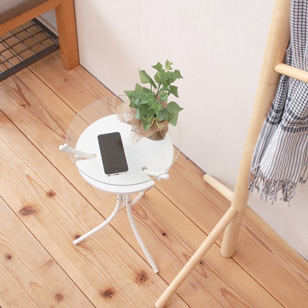 【6個セット】 ガラストップサイドテーブル(ホワイト) 幅30cm ミニテーブル/オシャレ/円形/ スリム/軽量/モダン/机/収納棚付き/業務用/NK-310 - 画像 (3)